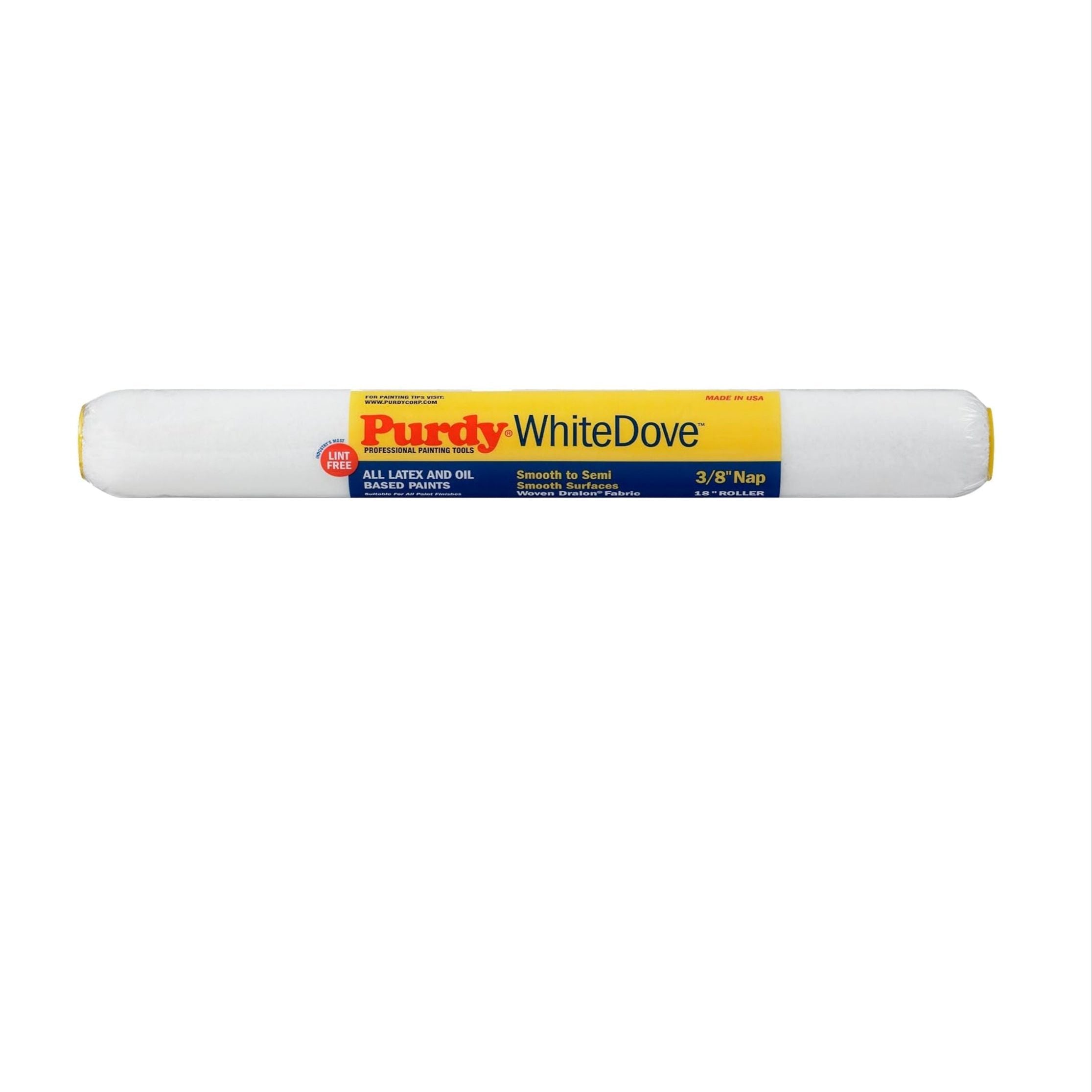 A PURDY 144670182 White Dove 18 in. x 3/8 in. Woven Dralon Paint Roller Cover is featured on a white background, highlighting smooth application. Packaging is mainly white with red and yellow branding, emphasizing compatibility with All Latex and Oil-Based Paints.